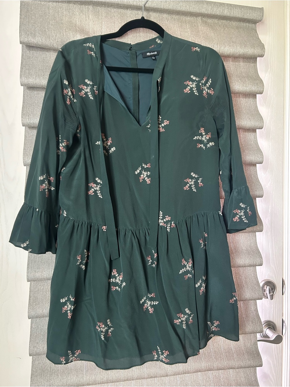 Madewell Forest Green Floral Mini Dress with Tie Detail
